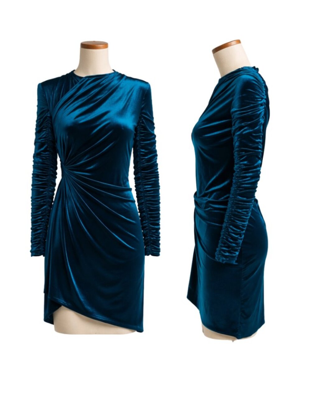 Atlein Bright Velvet Ruched Mini Dress in Blue. Size 10.